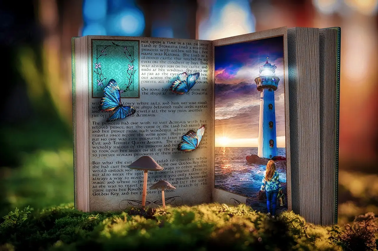 fantasy, girl, nature, creativity, forest, grass, book, butterfly, butterflies, woman